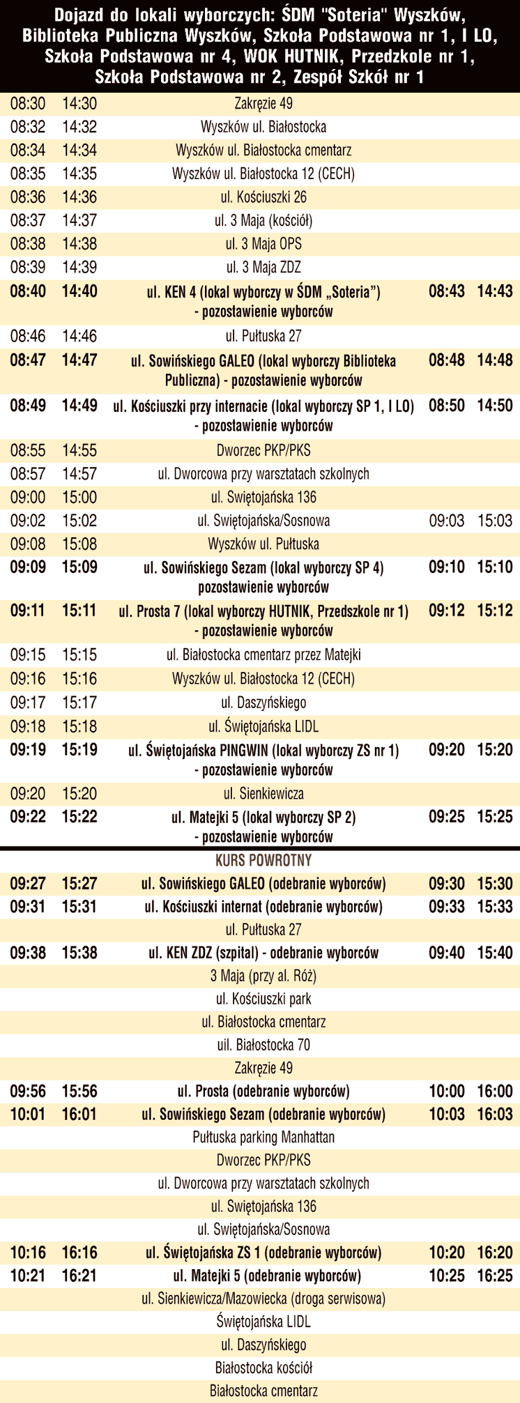 Rozkład jazdy - gmina Wyszków, wybory 18 maja 2025