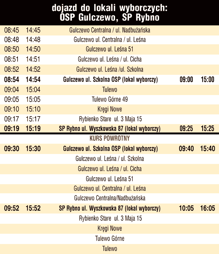 Rozkład jazdy - gmina Wyszków, wybory 18 maja 2025